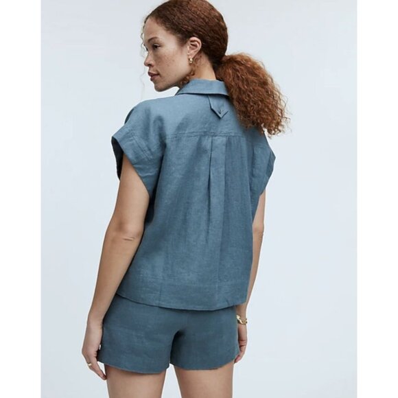 MADEWELL Flap-Pocket Button-Up Shirt in 100% Linen Blue XS NWT - Picture 2 of 11
